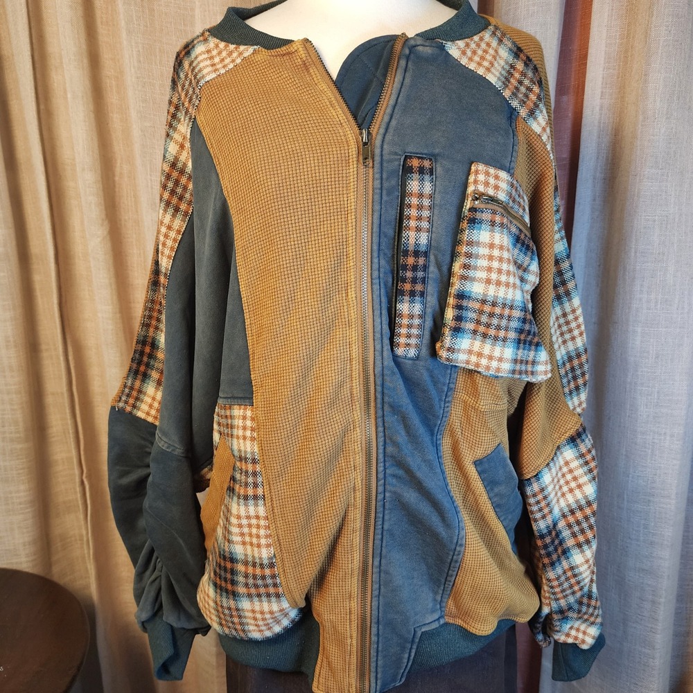 Oli & Hali Womens M Oversized Patchwork Plaid Waffle Zip Jacket Boho